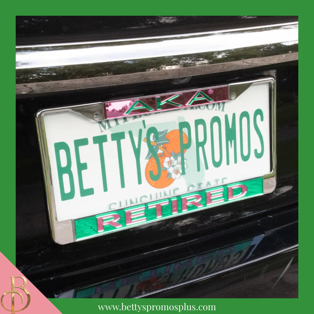 Alpha Kappa Alpha AKA Retired Chrome Laser Engraved Mirrored Acrylic Auto Tag License Plate Frame-Alpha Kappa Alpha Paraphernalia-Alpha Kappa Alpha Auto Tag Frame-Betty's Promos Plus