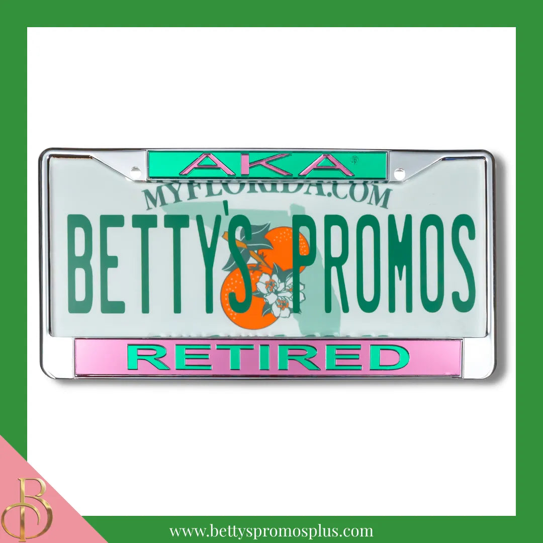Alpha Kappa Alpha AKA Retired Chrome Laser Engraved Mirrored Acrylic Auto Tag License Plate Frame-Alpha Kappa Alpha Paraphernalia-Alpha Kappa Alpha Auto Tag Frame-Betty's Promos Plus
