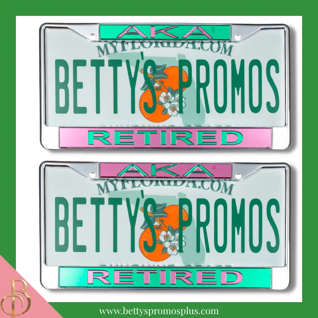 Alpha Kappa Alpha AKA Retired Chrome Laser Engraved Mirrored Acrylic Auto Tag License Plate Frame-Alpha Kappa Alpha Paraphernalia-Alpha Kappa Alpha Auto Tag Frame-Betty's Promos Plus