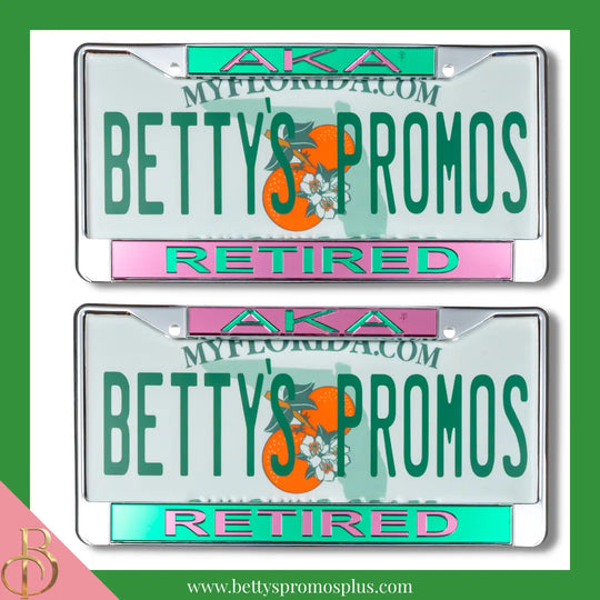 Alpha Kappa Alpha AKA Retired Chrome Laser Engraved Mirrored Acrylic Auto Tag License Plate Frame-Alpha Kappa Alpha Paraphernalia-Alpha Kappa Alpha Auto Tag Frame-Betty's Promos Plus