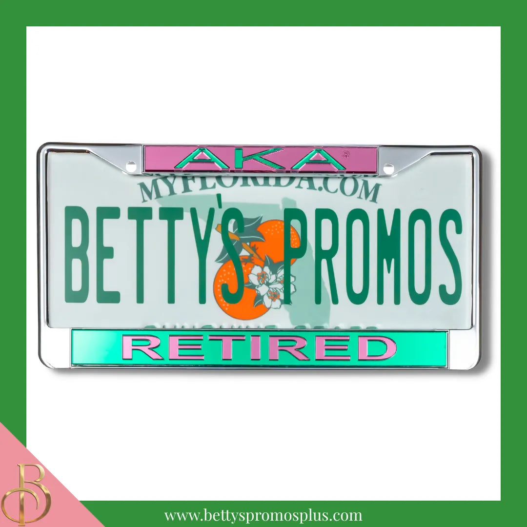 Alpha Kappa Alpha AKA Retired Chrome Laser Engraved Mirrored Acrylic Auto Tag License Plate Frame-Green Bottom-Alpha Kappa Alpha Paraphernalia-Alpha Kappa Alpha Auto Tag Frame-Betty's Promos Plus