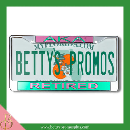 Alpha Kappa Alpha AKA Retired Chrome Laser Engraved Mirrored Acrylic Auto Tag License Plate Frame-Green Bottom-Alpha Kappa Alpha Paraphernalia-Alpha Kappa Alpha Auto Tag Frame-Betty's Promos Plus