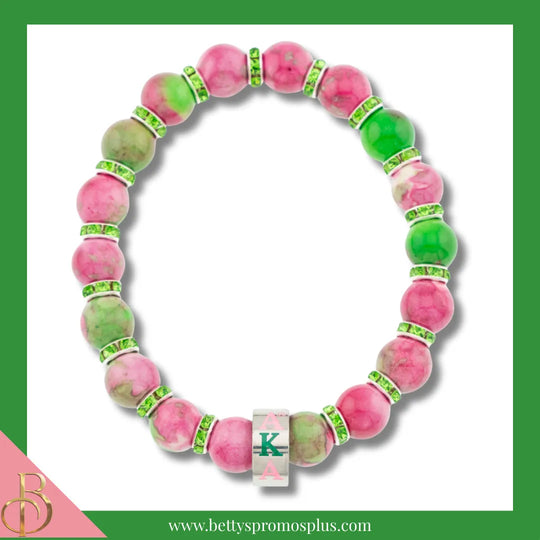 Alpha Kappa Alpha AKA Rhodonite Beaded Bracelet with Rhinestone Spacers-Pink & Green-Alpha Kappa Alpha Paraphernalia-Alpha Kappa Alpha Bracelet-Betty's Promos Plus
