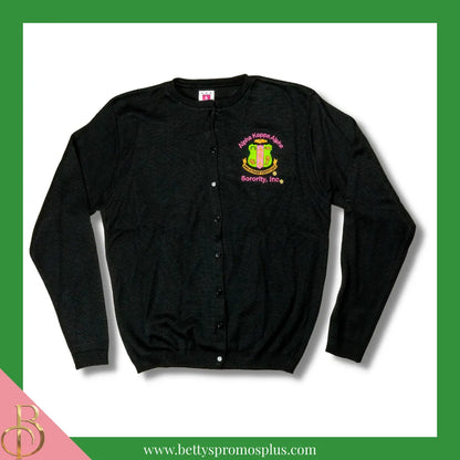 Alpha Kappa Alpha AKA Shield Cardigan Sweater-Black-Small-Alpha Kappa Alpha Paraphernalia-Alpha Kappa Alpha Sweaters-Betty's Promos Plus