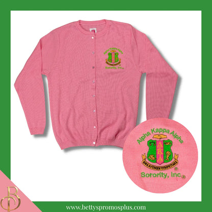 Alpha Kappa Alpha AKA Shield Cardigan Sweater-Pink-Small-Alpha Kappa Alpha Paraphernalia-Alpha Kappa Alpha Sweaters-Betty's Promos Plus