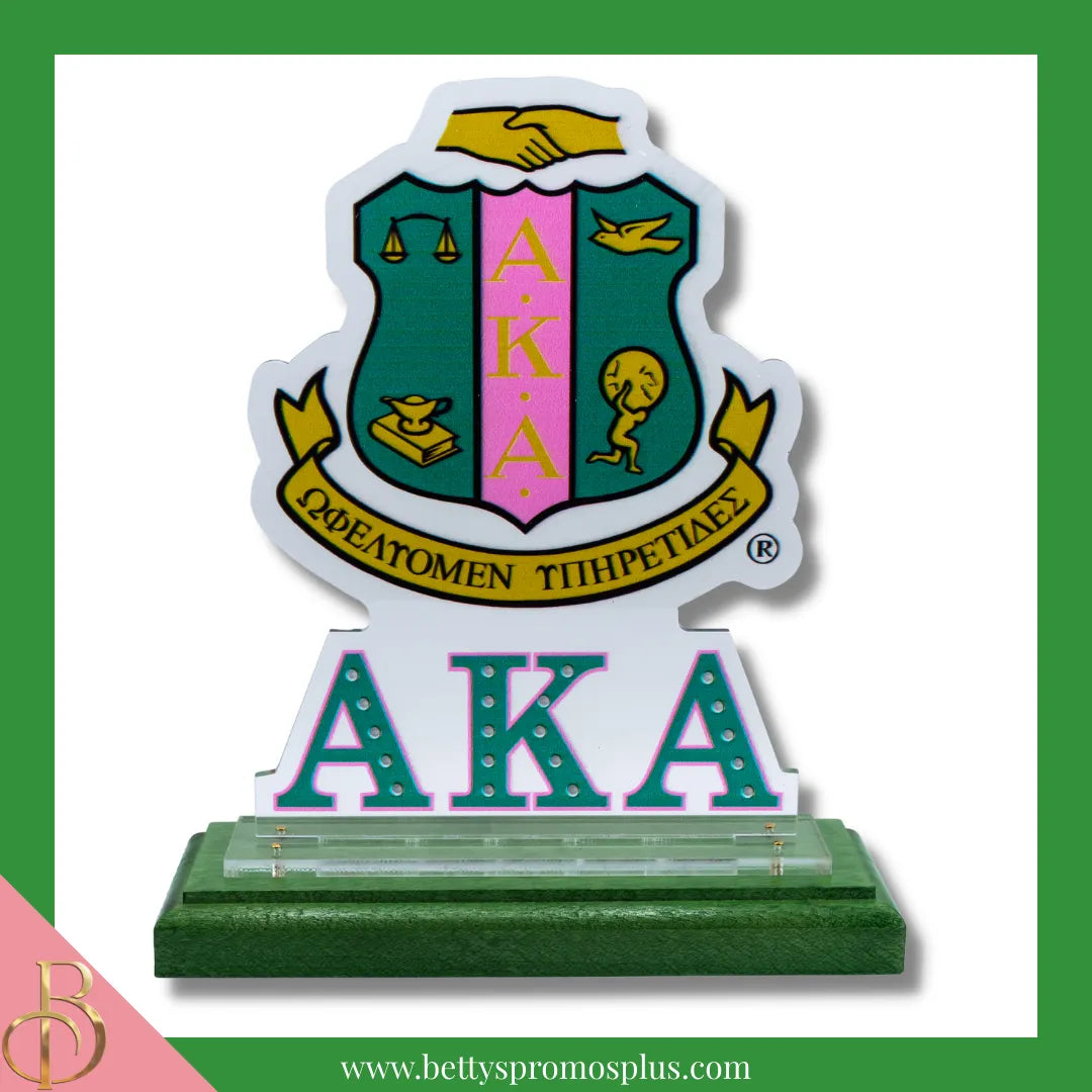 Alpha Kappa Alpha AKA Shield Desk Ornament Plaque-Green Base-Alpha Kappa Alpha Paraphernalia-Alpha Kappa Alpha Desk Ornament-Betty's Promos Plus