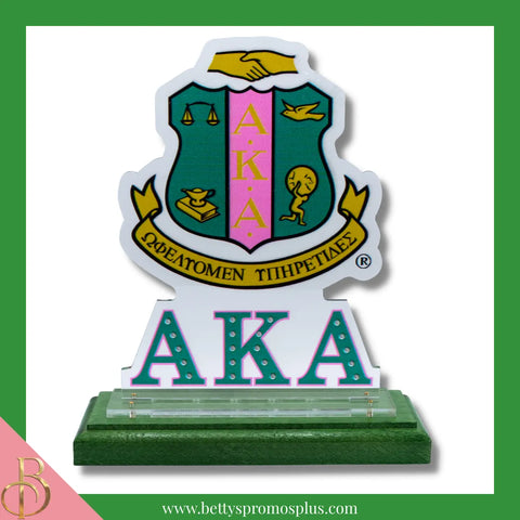 Alpha Kappa Alpha AKA Shield Desk Ornament Plaque-Green Base-Alpha Kappa Alpha Paraphernalia-Alpha Kappa Alpha Desk Ornament-Betty's Promos Plus