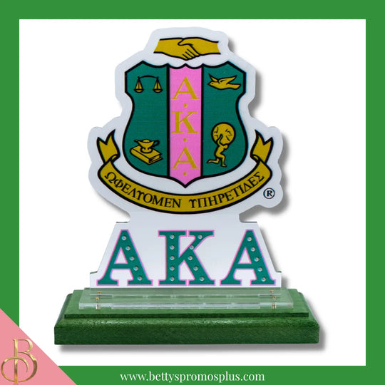 Alpha Kappa Alpha AKA Shield Desk Ornament Plaque-Green Base-Alpha Kappa Alpha Paraphernalia-Alpha Kappa Alpha Desk Ornament-Betty's Promos Plus