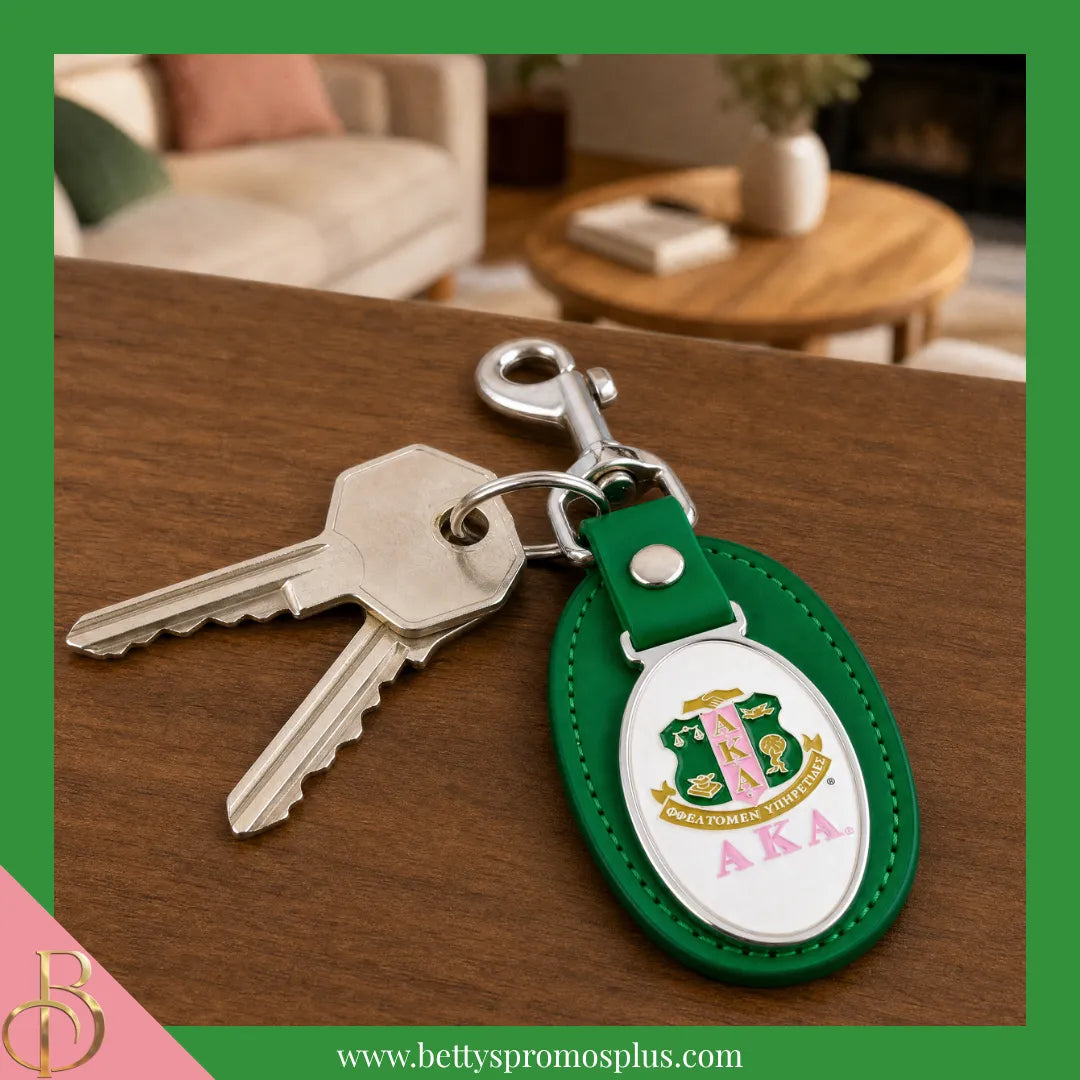 Alpha Kappa Alpha AKA Shield Leather Key Fob Keychain-Alpha Kappa Alpha Paraphernalia-Alpha Kappa Alpha Keychain-Betty's Promos Plus