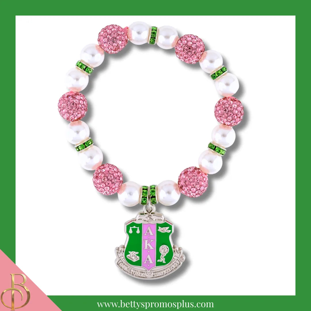 Alpha Kappa Alpha AKA Shield Pearl Bracelet with Pink Stones & Rhinestone Spacers-White-Alpha Kappa Alpha Paraphernalia-Alpha Kappa Alpha Bracelet-Betty's Promos Plus