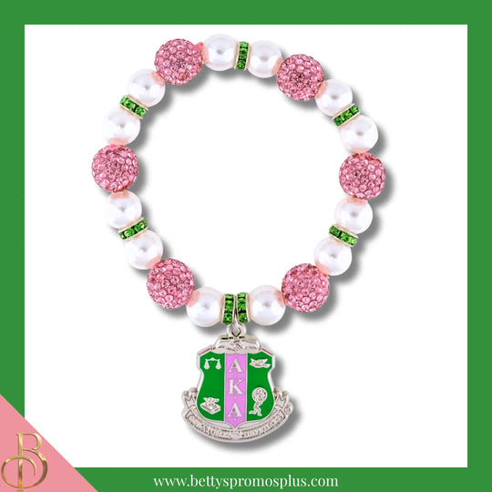 Alpha Kappa Alpha AKA Shield Pearl Bracelet with Pink Stones & Rhinestone Spacers-White-Alpha Kappa Alpha Paraphernalia-Alpha Kappa Alpha Bracelet-Betty's Promos Plus
