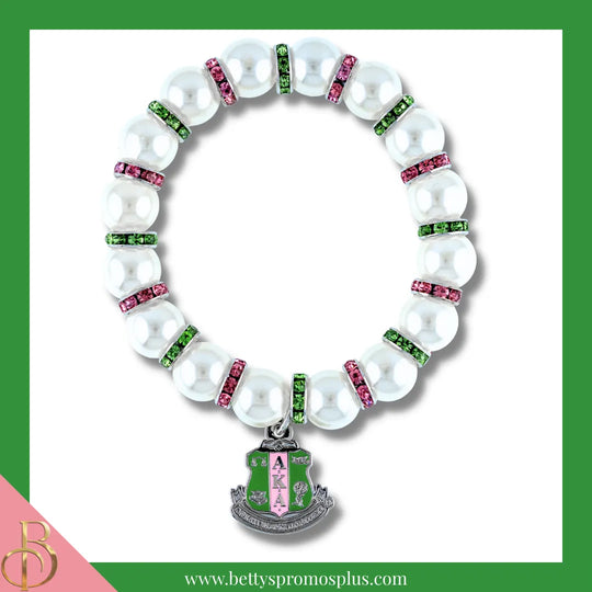 Alpha Kappa Alpha AKA Shield Pearl Bracelet with Rhinestone Spacers-Alpha Kappa Alpha Paraphernalia-Alpha Kappa Alpha Bracelet-Betty's Promos Plus