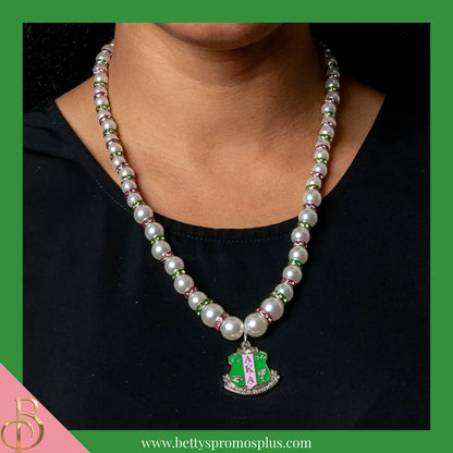 Alpha Kappa Alpha AKA Shield Pearl Necklace with Rhinestone Spacers-Alpha Kappa Alpha Paraphernalia-Alpha Kappa Alpha Necklace-Betty's Promos Plus