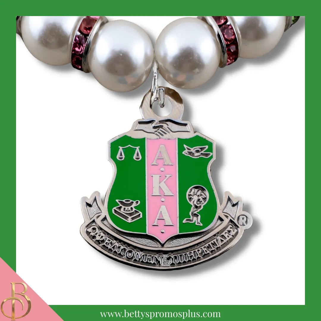 Alpha Kappa Alpha AKA Shield Pearl Necklace with Rhinestone Spacers