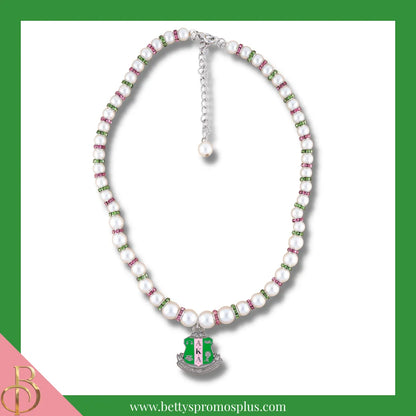 Alpha Kappa Alpha AKA Shield Pearl Necklace with Rhinestone Spacers-White-Alpha Kappa Alpha Paraphernalia-Alpha Kappa Alpha Necklace-Betty's Promos Plus