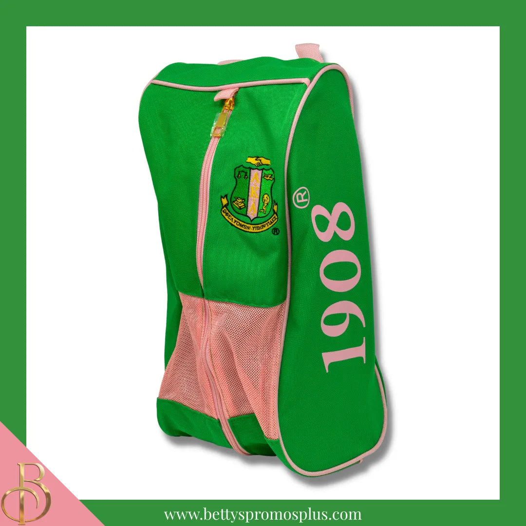 Alpha Kappa Alpha AKA Shield Pink and Green Canvas Shoe Bag with Zippered Mesh-Alpha Kappa Alpha Paraphernalia-Alpha Kappa Alpha Shoe Bags-Betty's Promos Plus