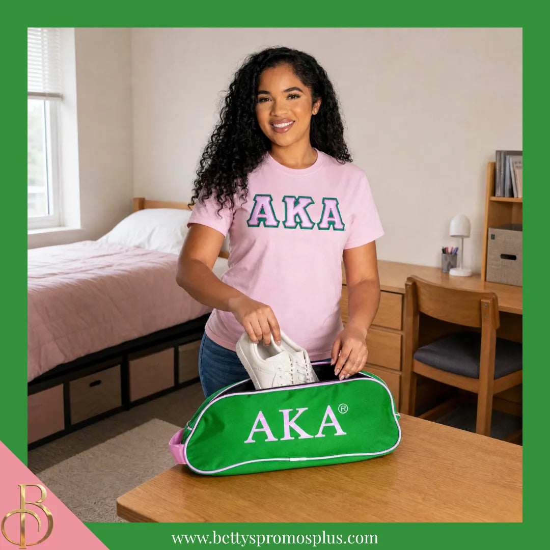 Alpha Kappa Alpha AKA Shield Pink and Green Canvas Shoe Bag with Zippered Mesh-Alpha Kappa Alpha Paraphernalia-Alpha Kappa Alpha Shoe Bags-Betty's Promos Plus