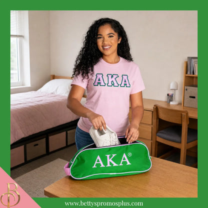 Alpha Kappa Alpha AKA Shield Pink and Green Canvas Shoe Bag with Zippered Mesh-Alpha Kappa Alpha Paraphernalia-Alpha Kappa Alpha Shoe Bags-Betty's Promos Plus