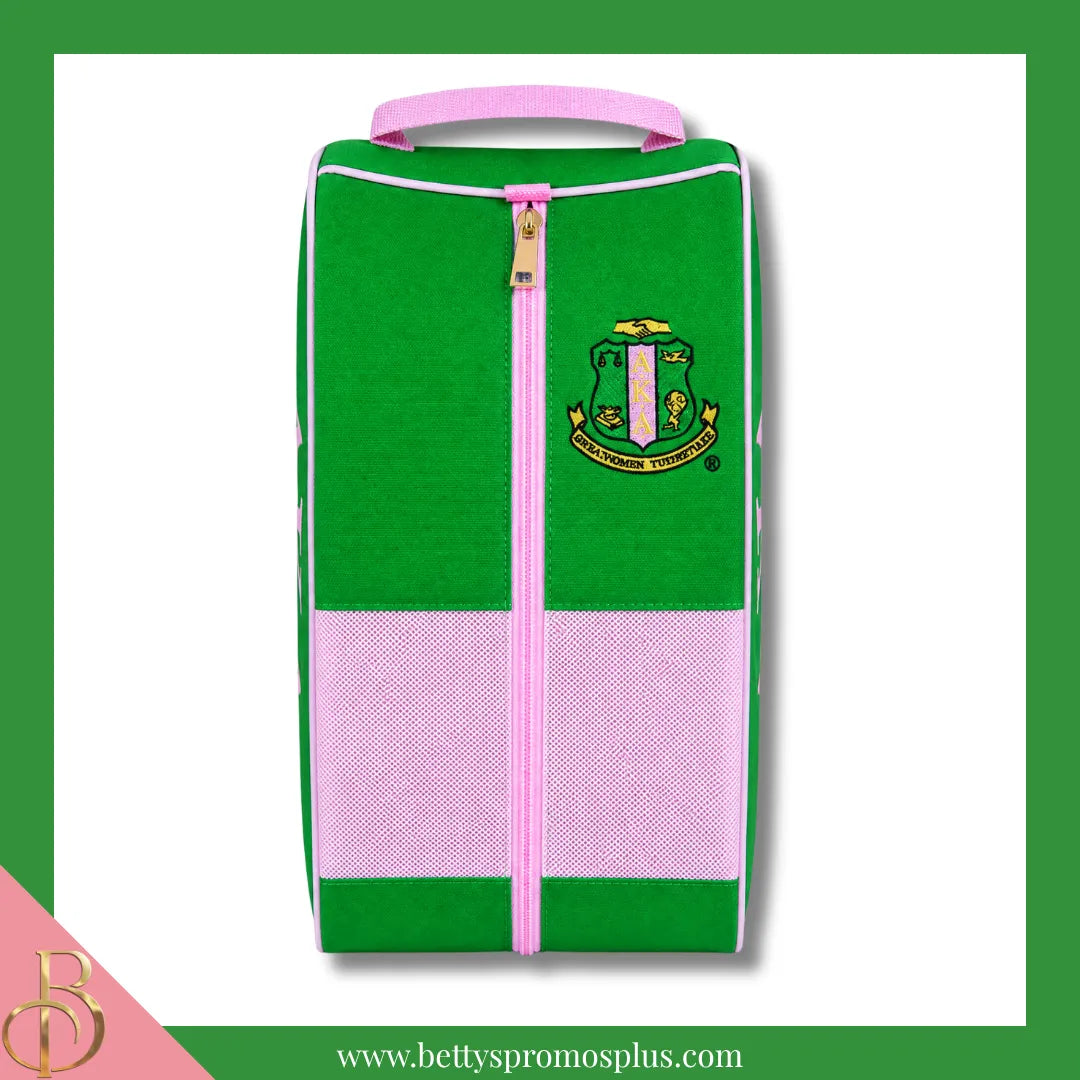 Alpha Kappa Alpha AKA Shield Pink and Green Canvas Shoe Bag with Zippered Mesh-Alpha Kappa Alpha Paraphernalia-Alpha Kappa Alpha Shoe Bags-Betty's Promos Plus