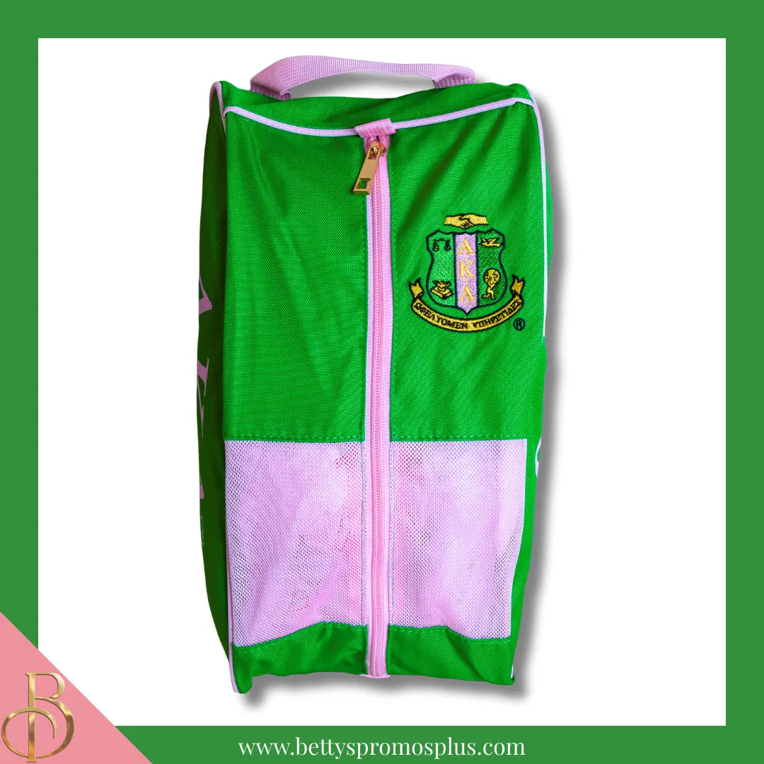 Alpha Kappa Alpha AKA Shield Pink and Green Canvas Shoe Bag with Zippered Mesh-Alpha Kappa Alpha Paraphernalia-Alpha Kappa Alpha Shoe Bags-Betty's Promos Plus