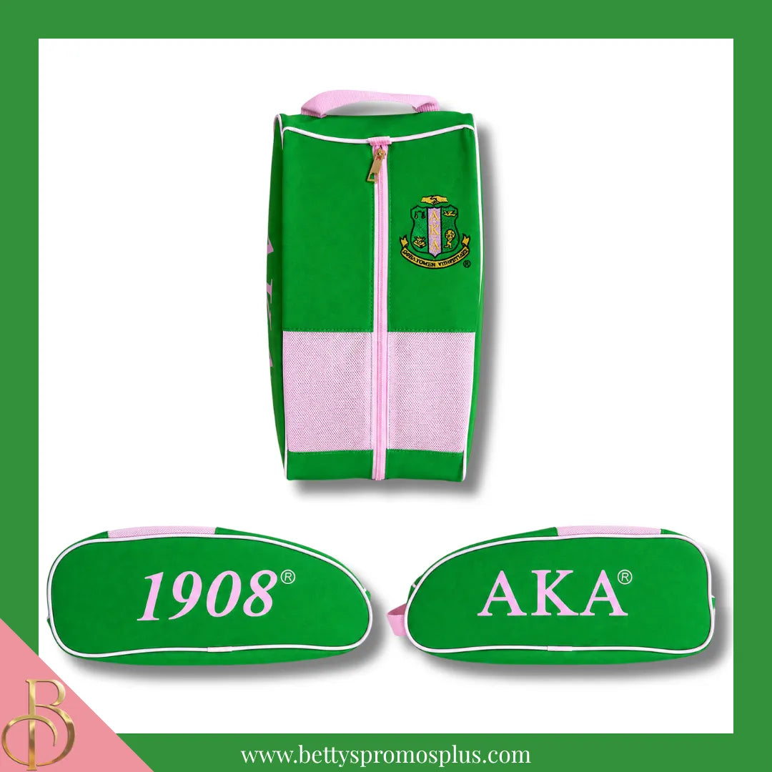 Alpha Kappa Alpha AKA Shield Pink and Green Canvas Shoe Bag with Zippered Mesh-Alpha Kappa Alpha Paraphernalia-Alpha Kappa Alpha Shoe Bags-Betty's Promos Plus