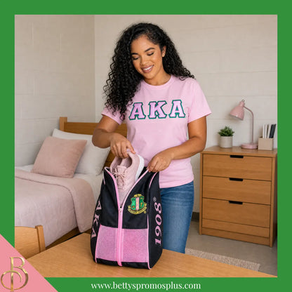 Alpha Kappa Alpha AKA Shield Pink and Green Canvas Shoe Bag with Zippered Mesh-Alpha Kappa Alpha Paraphernalia-Alpha Kappa Alpha Shoe Bags-Betty's Promos Plus