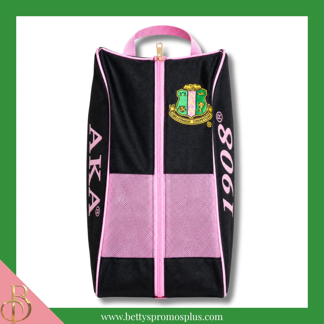 Alpha Kappa Alpha AKA Shield Pink and Green Canvas Shoe Bag with Zippered Mesh-Alpha Kappa Alpha Paraphernalia-Alpha Kappa Alpha Shoe Bags-Betty's Promos Plus