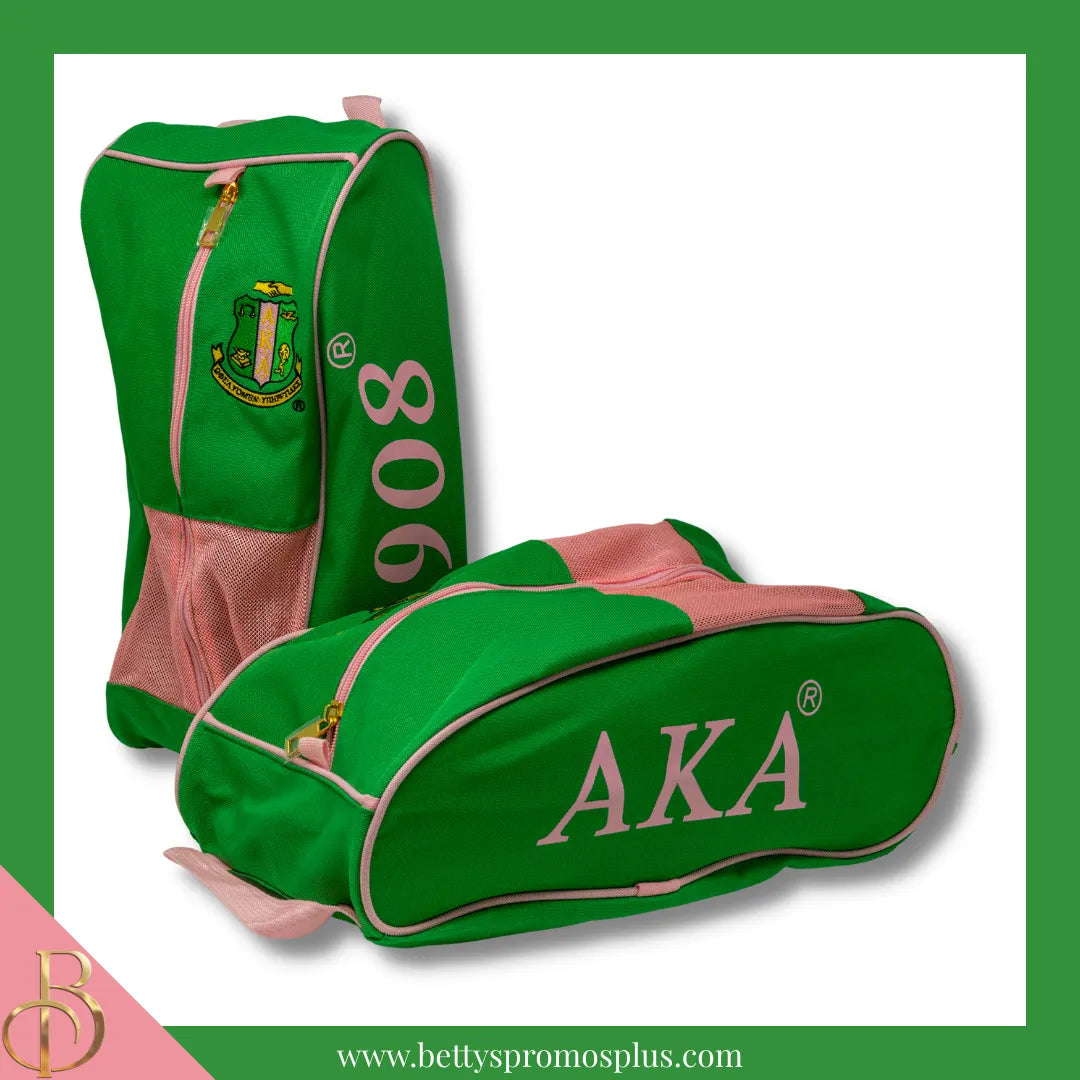 Alpha Kappa Alpha AKA Shield Pink and Green Canvas Shoe Bag with Zippered Mesh-Alpha Kappa Alpha Paraphernalia-Alpha Kappa Alpha Shoe Bags-Betty's Promos Plus