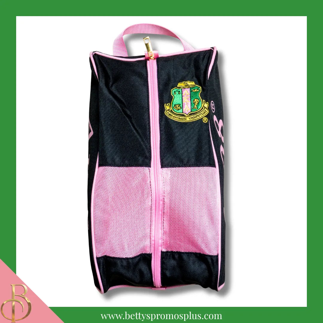 Alpha Kappa Alpha AKA Shield Pink and Green Canvas Shoe Bag with Zippered Mesh-Black-Alpha Kappa Alpha Paraphernalia-Alpha Kappa Alpha Shoe Bags-Betty's Promos Plus