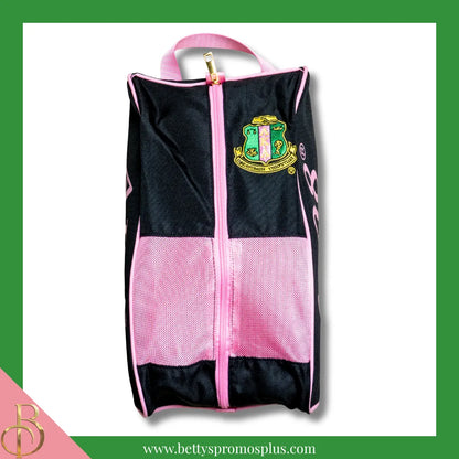 Alpha Kappa Alpha AKA Shield Pink and Green Canvas Shoe Bag with Zippered Mesh-Black-Alpha Kappa Alpha Paraphernalia-Alpha Kappa Alpha Shoe Bags-Betty's Promos Plus
