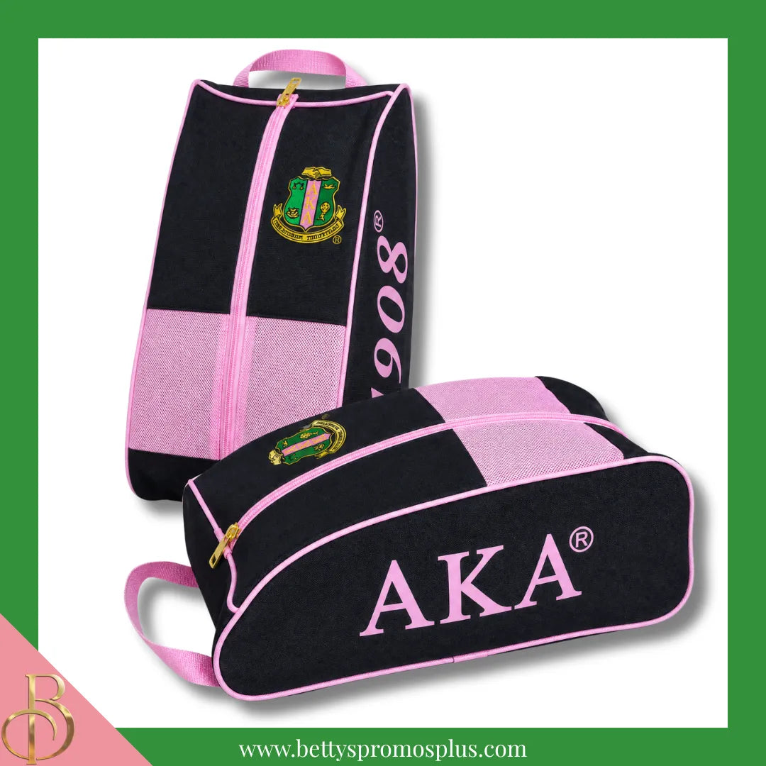 Alpha Kappa Alpha AKA Shield Pink and Green Canvas Shoe Bag with Zippered Mesh-Black-Alpha Kappa Alpha Paraphernalia-Alpha Kappa Alpha Shoe Bags-Betty's Promos Plus