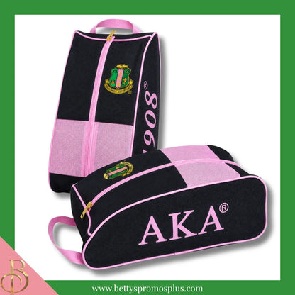 Alpha Kappa Alpha AKA Shield Pink and Green Canvas Shoe Bag with Zippered Mesh-Black-Alpha Kappa Alpha Paraphernalia-Alpha Kappa Alpha Shoe Bags-Betty's Promos Plus