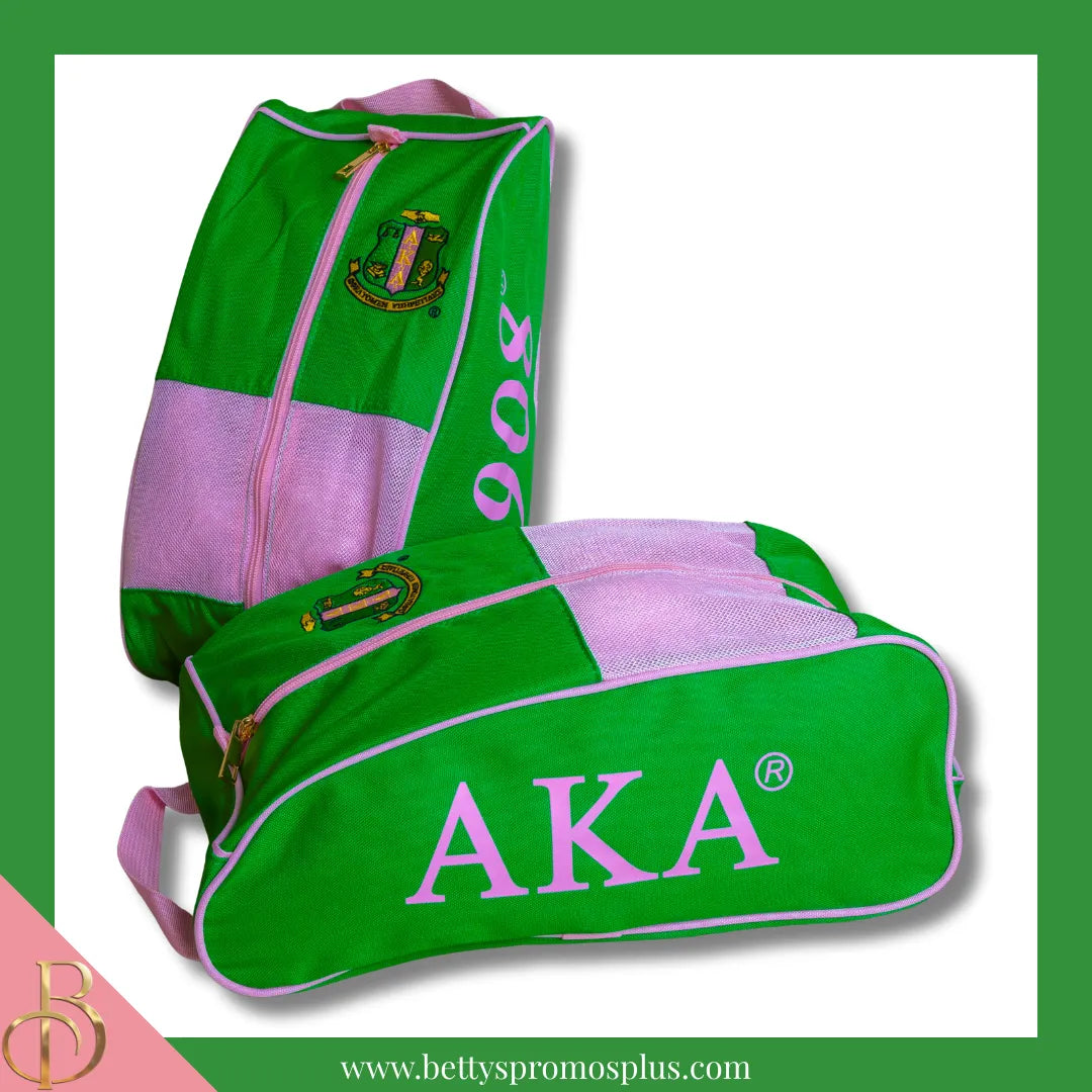 Alpha Kappa Alpha AKA Shield Pink and Green Canvas Shoe Bag with Zippered Mesh-Green-Alpha Kappa Alpha Paraphernalia-Alpha Kappa Alpha Shoe Bags-Betty's Promos Plus