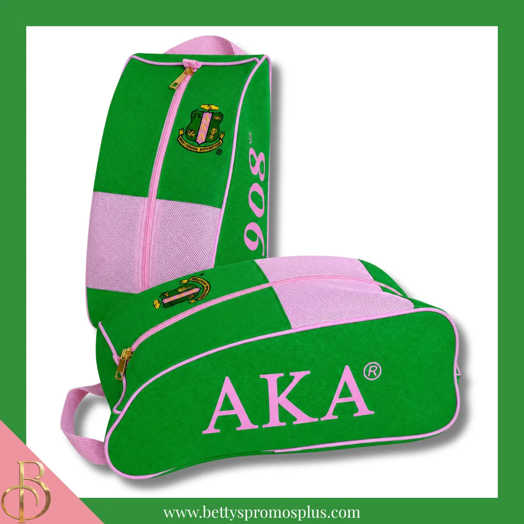 Alpha Kappa Alpha AKA Shield Pink and Green Canvas Shoe Bag with Zippered Mesh-Green-Alpha Kappa Alpha Paraphernalia-Alpha Kappa Alpha Shoe Bags-Betty's Promos Plus