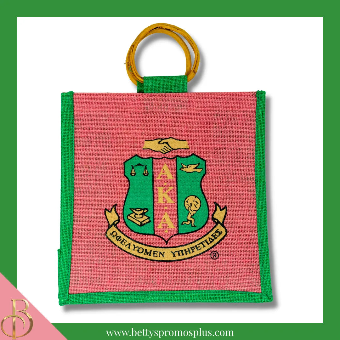 Alpha Kappa Alpha AKA Shield Sorority Mini Jute Bag-Pink-Alpha Kappa Alpha Paraphernalia-Alpha Kappa Alpha Purses-Betty's Promos Plus