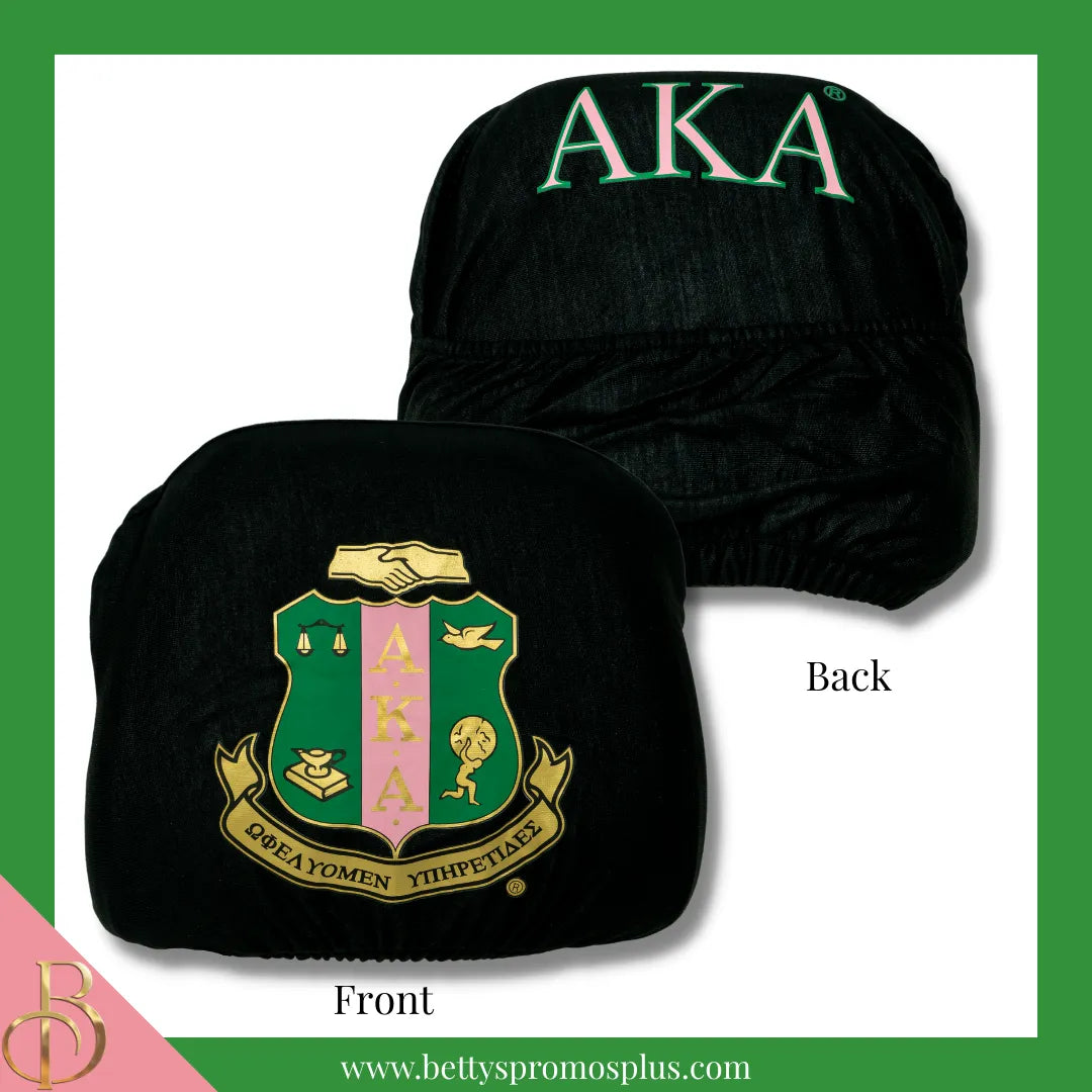 Alpha Kappa Alpha AKA Shield with Greek Letters Car Seat Headrest Cover-Single Headrest-Black-Alpha Kappa Alpha Paraphernalia-Alpha Kappa Alpha Headrest Cover-Betty's Promos Plus