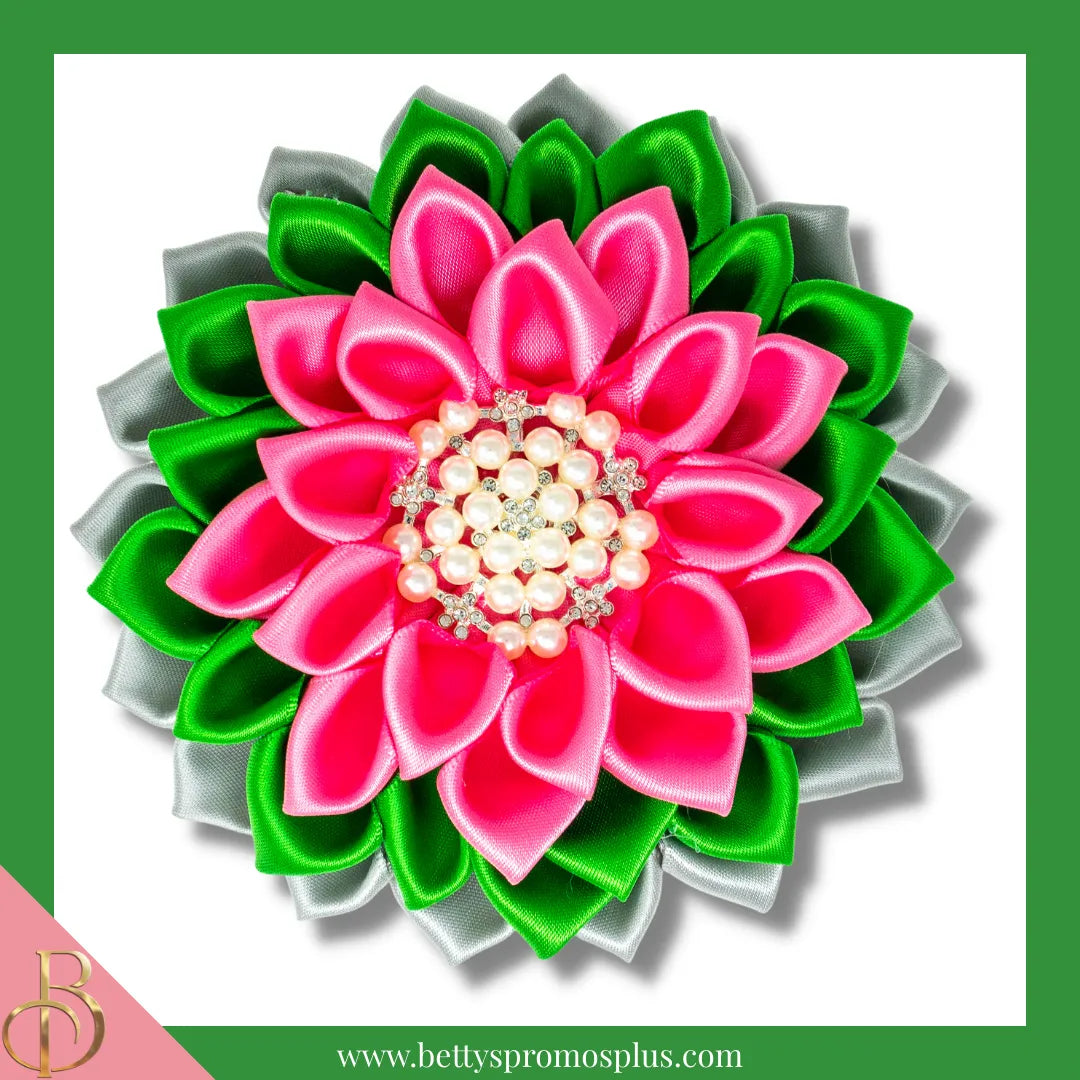 Alpha Kappa Alpha AKA Silk Flower Brooch for Golden Soror and Silver Star-Silver Star-Medium - 4.5"-Silver/Green/Pink Layered-Alpha Kappa Alpha Paraphernalia-Alpha Kappa Alpha Lapel Pin-Betty's Promos Plus