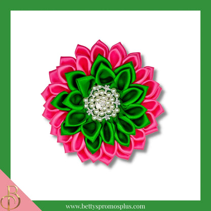 Alpha Kappa Alpha AKA Silk Flower Brooch-Pink-Medium - 4.5"-Pink/Pink/Green Layered-Alpha Kappa Alpha Paraphernalia-Alpha Kappa Alpha Lapel Pin-Betty's Promos Plus