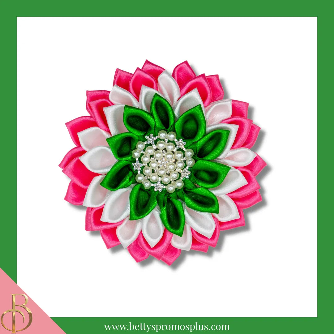 Alpha Kappa Alpha AKA Silk Flower Brooch-Pink-Medium - 4.5"-Pink/White/Green Layered-Alpha Kappa Alpha Paraphernalia-Alpha Kappa Alpha Lapel Pin-Betty's Promos Plus