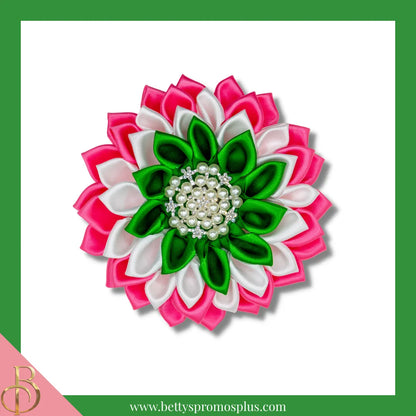 Alpha Kappa Alpha AKA Silk Flower Brooch-Pink-Medium - 4.5"-Pink/White/Green Layered-Alpha Kappa Alpha Paraphernalia-Alpha Kappa Alpha Lapel Pin-Betty's Promos Plus