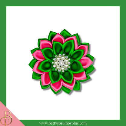 Alpha Kappa Alpha AKA Silk Flower Brooch-Pink-Small - 3.5"-Green/Pink/Green Layered-Alpha Kappa Alpha Paraphernalia-Alpha Kappa Alpha Lapel Pin-Betty's Promos Plus