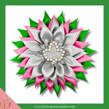 Alpha Kappa Alpha AKA Silk Flower Brooch with Rhinestone AKA Ivy for Golden Soror and Silver Star-Silver Star-Large - 7"-Silver/Green/Pink Layered-Alpha Kappa Alpha Paraphernalia-Alpha Kappa Alpha Lapel Pin-Betty's Promos Plus