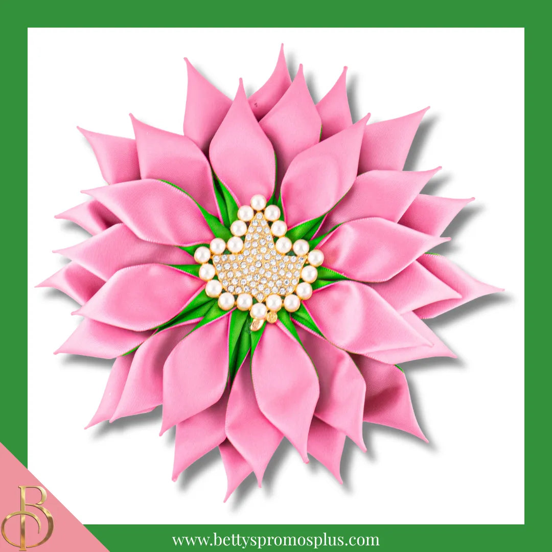 Alpha Kappa Alpha AKA Silk Flower Brooch with Rhinestone AKA Ivy-Large - 6"-Solid Pink with Gold Ivy-Alpha Kappa Alpha Paraphernalia-Alpha Kappa Alpha Lapel Pin-Betty's Promos Plus