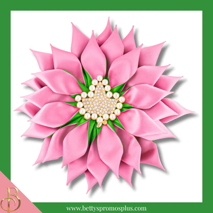 Alpha Kappa Alpha AKA Silk Flower Brooch with Rhinestone AKA Ivy-Large - 6"-Solid Pink with Gold Ivy-Alpha Kappa Alpha Paraphernalia-Alpha Kappa Alpha Lapel Pin-Betty's Promos Plus