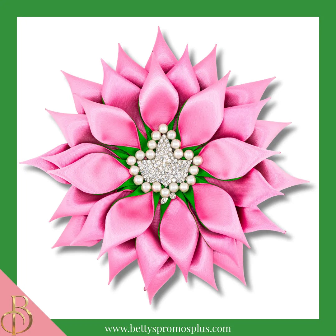 Alpha Kappa Alpha AKA Silk Flower Brooch with Rhinestone AKA Ivy-Large - 6"-Solid Pink with Silver Ivy-Alpha Kappa Alpha Paraphernalia-Alpha Kappa Alpha Lapel Pin-Betty's Promos Plus