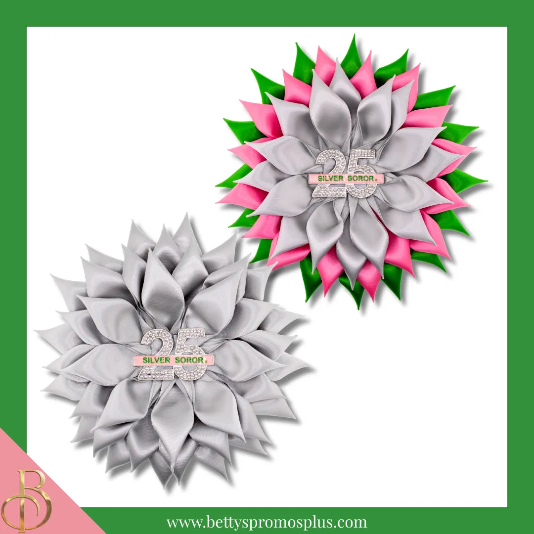 Alpha Kappa Alpha AKA Silver Soror Silk Flower Brooch-Alpha Kappa Alpha Paraphernalia-Alpha Kappa Alpha Lapel Pin-Betty's Promos Plus