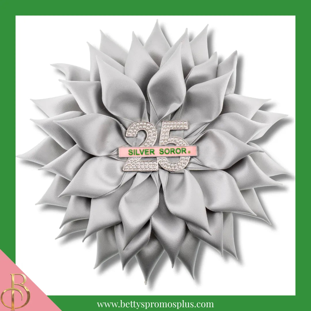 Alpha Kappa Alpha AKA Silver Soror Silk Flower Brooch-Silver-Large - 6"-Alpha Kappa Alpha Paraphernalia-Alpha Kappa Alpha Lapel Pin-Betty's Promos Plus