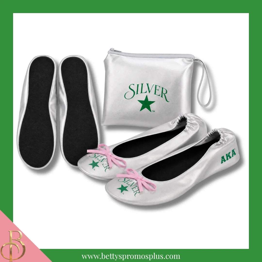 Alpha Kappa Alpha AKA Silver Star Ballet Flats with Carrying Case-Alpha Kappa Alpha Paraphernalia-Alpha Kappa Alpha Ballet Flats-Betty's Promos Plus