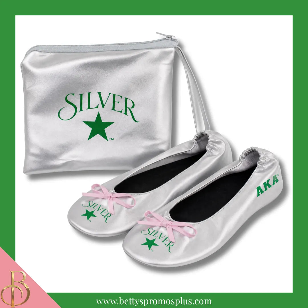 Alpha Kappa Alpha AKA Silver Star Ballet Flats with Carrying Case-Silver-X-Small US 5.5-Alpha Kappa Alpha Paraphernalia-Alpha Kappa Alpha Ballet Flats-Betty's Promos Plus