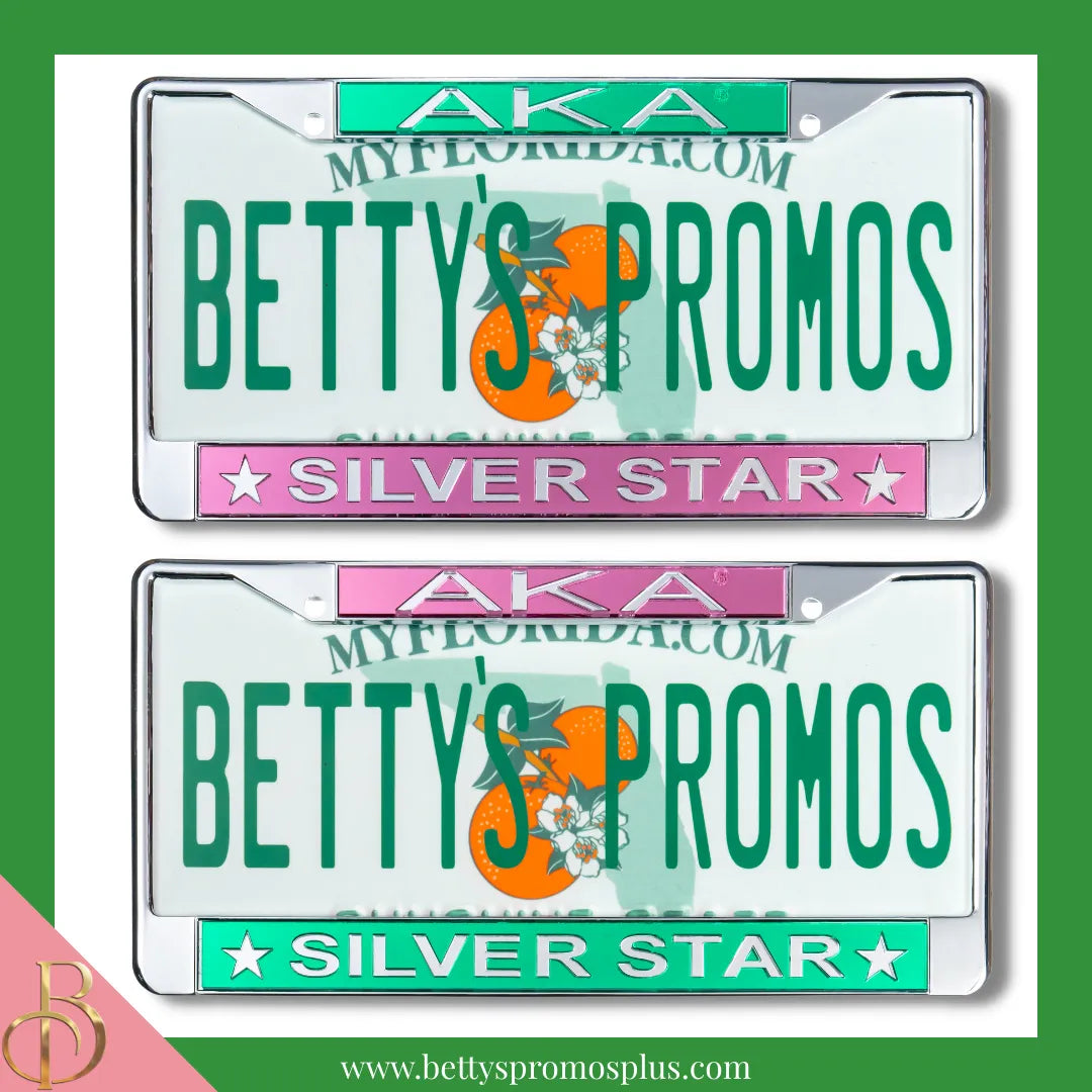 Alpha Kappa Alpha AKA Silver Star Chrome Laser Engraved Mirrored Acrylic Auto Tag License Plate Frame-Alpha Kappa Alpha Paraphernalia-Alpha Kappa Alpha Auto Tag Frame-Betty's Promos Plus